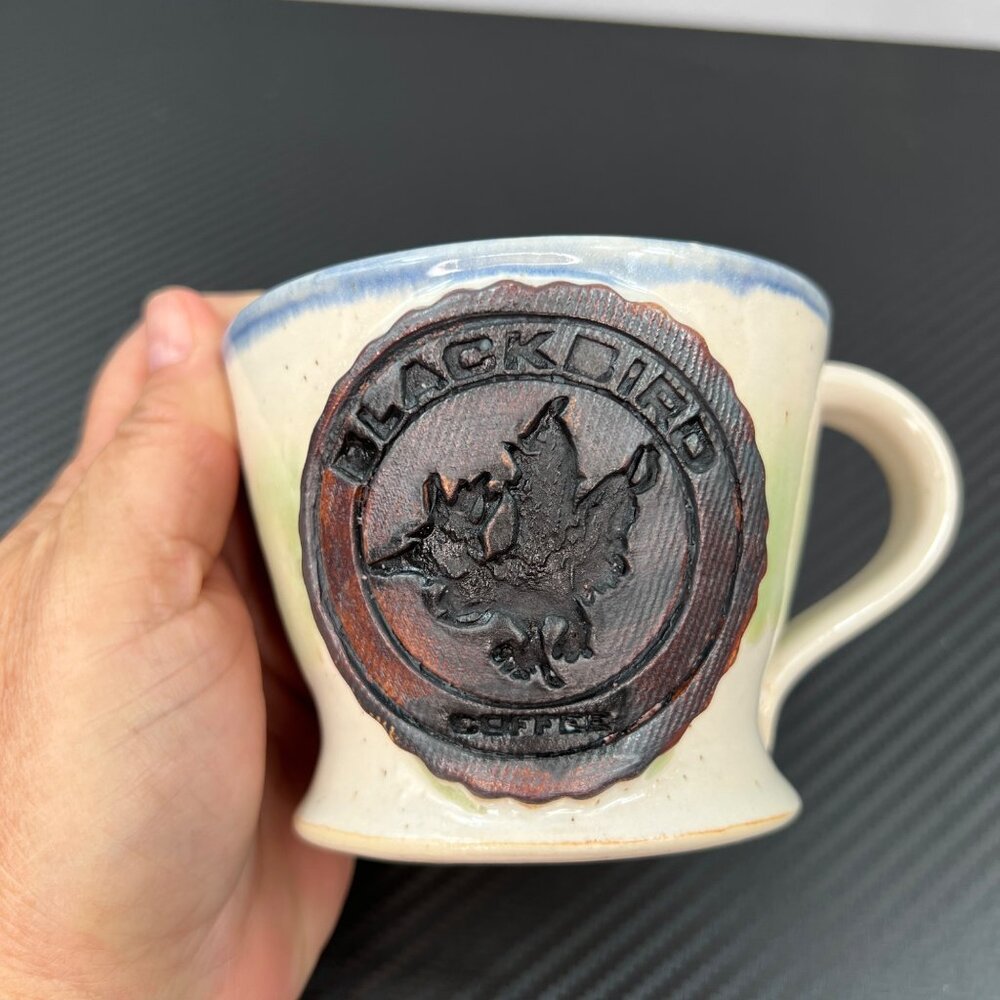 Blackbird Coffee Handmade Mug Glossy Wrens Nest Pottery Pot Shaped Cream Blue